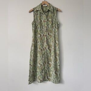 The Vintage Twin Satin Retro Sleeveless Green Patterned Midi Dress Small